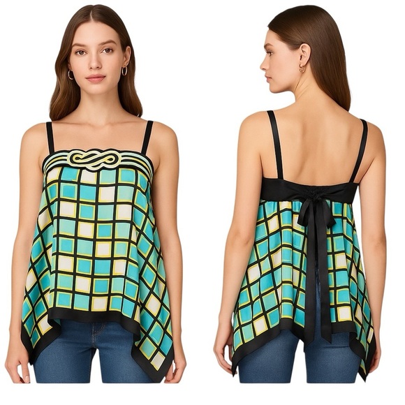 Bebe 100% Silk Geometric Scarf Hem Tie-Back Top Y2K Glam Size Medium - Picture 1 of 6